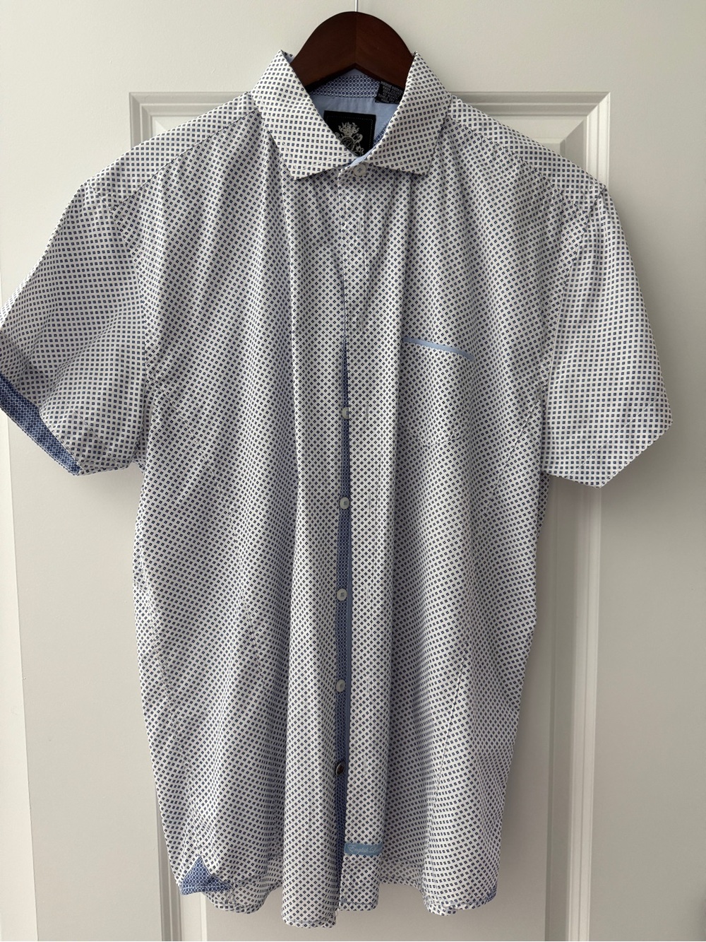 English Laundry White Short-Sleeve Button-Down with Navy Microprint